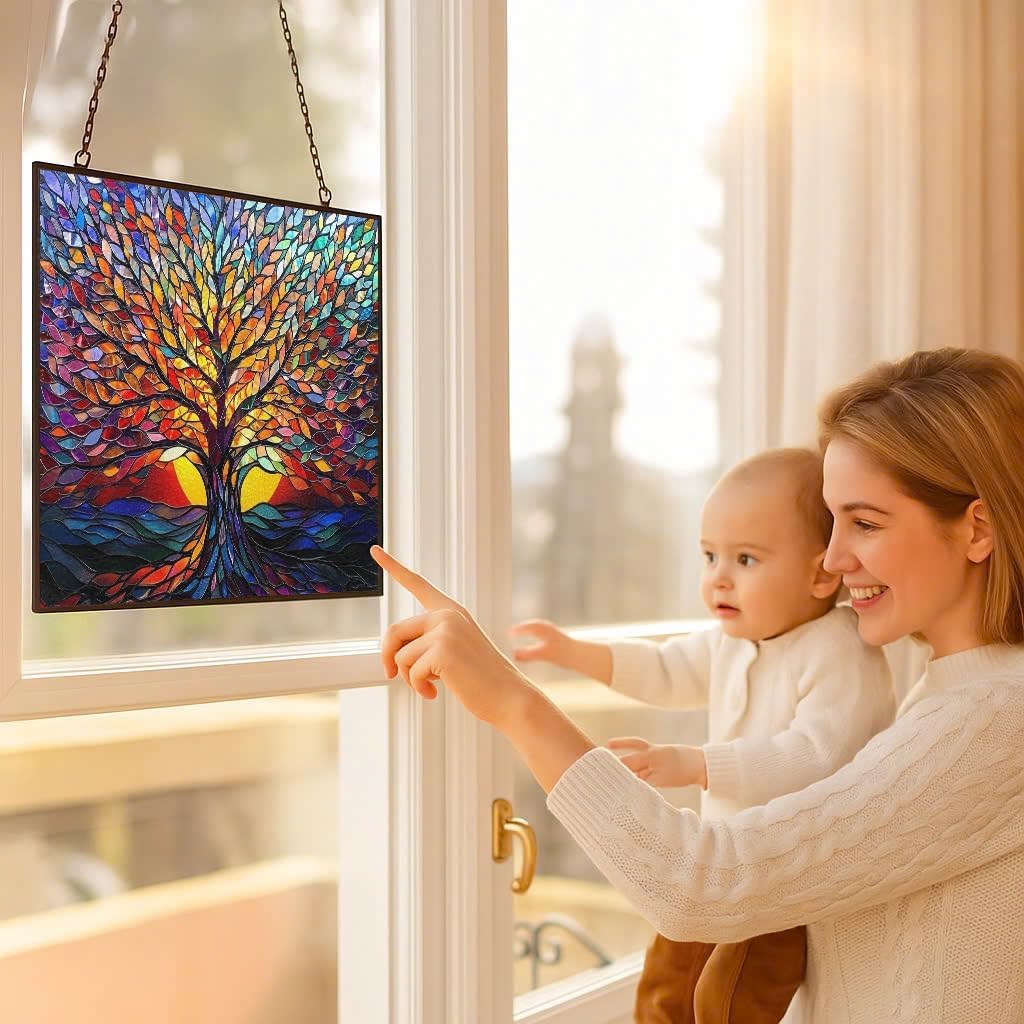 Rectangle Tree of Life Stained Glass Window Hanging Window Suncatcher Glass Panel with Metal Chain