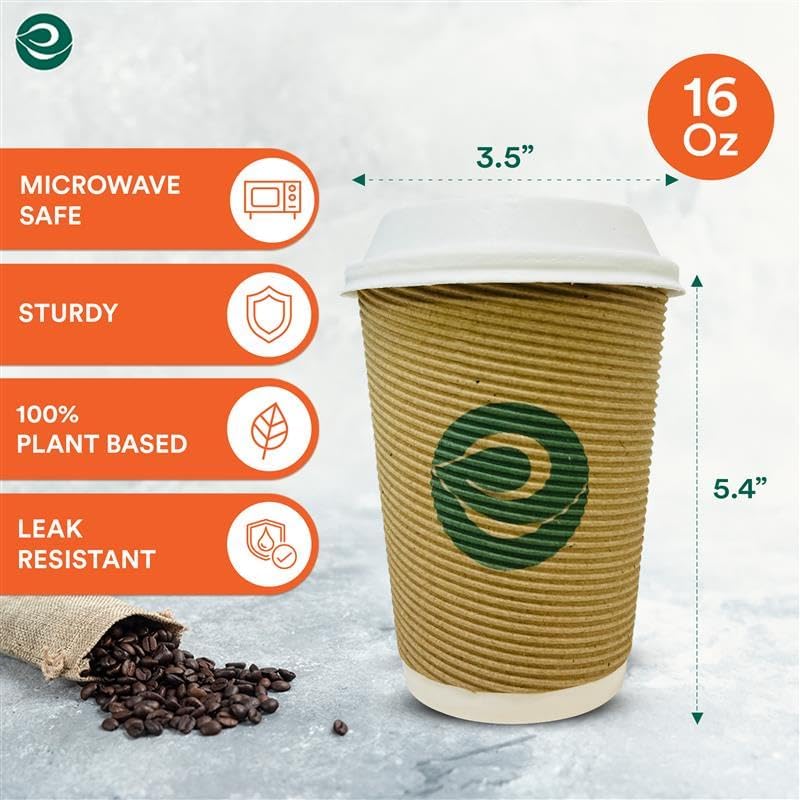 ECO SOUL 16oz Compostable Ripple Cups (50 Pack) – Biodegradable Paper Cups, Non-Toxic Disposable