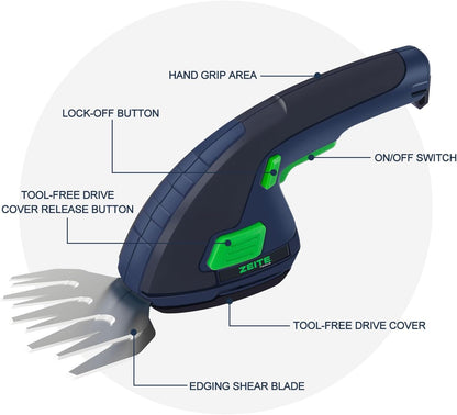 ZEITE 7.2V Grass Shear & Shrubbery Trimmer, 2-in-1 Cordless Grass Cutter and Mini Hedge Trimmer