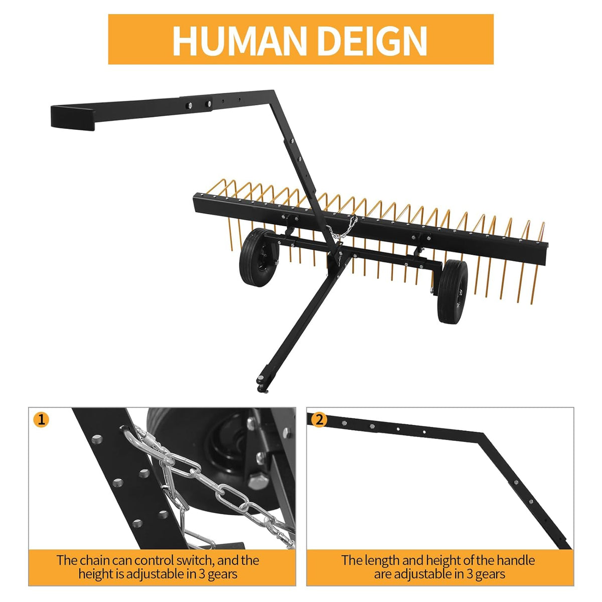 60 Inch ATV Tow Behind Durable Corrosion Resistant Steel Pine Straw Rake