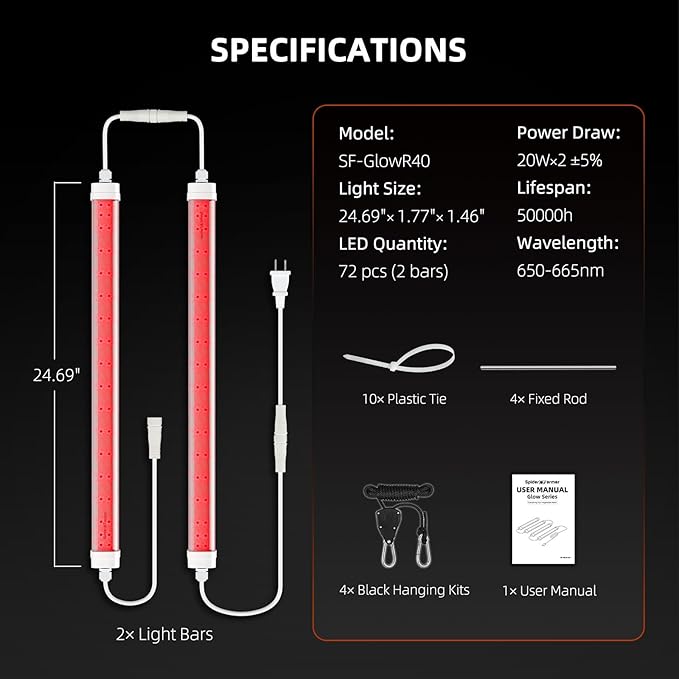 Spider Farmer GlowR40 LED Plant Grow Light, Deep Red Supplemental Lighting Bar 2ft, 650-665NM High