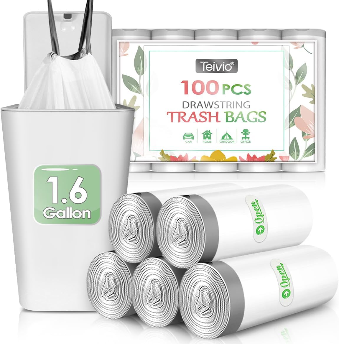 Teivio 1.6 Gallon 120 Counts Strong Drawstring Trash Bags Garbage Bags, Medium Kitchen Trash Can