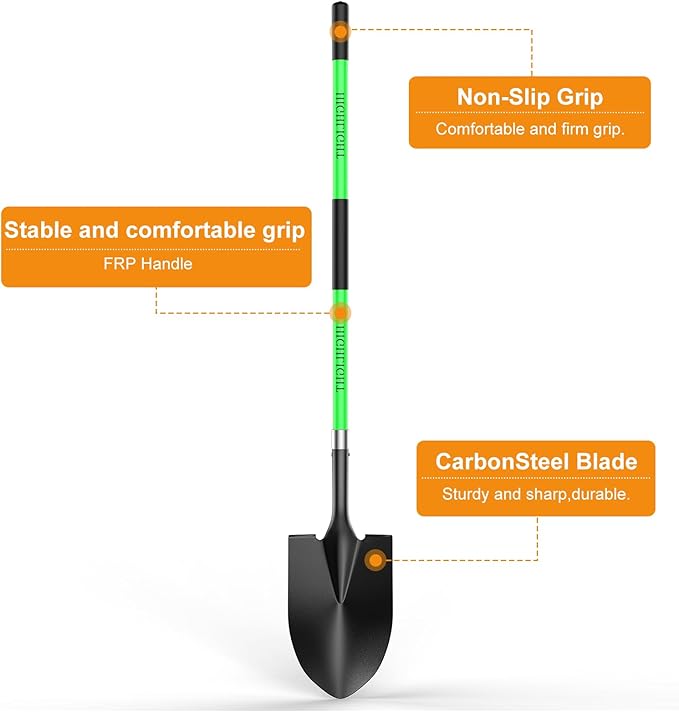 HIGHLIGHT Spade, Heavy Duty Gardening Shovel, Garden Shovel 56 inch for Digging, Round Shovel with