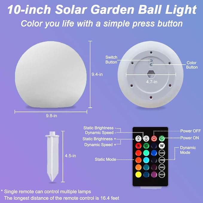 10-in Solar Globe Light, Solar Garden Ball Light Outdoor w/Remote, 16 RGB Color 4 Modes Glowing