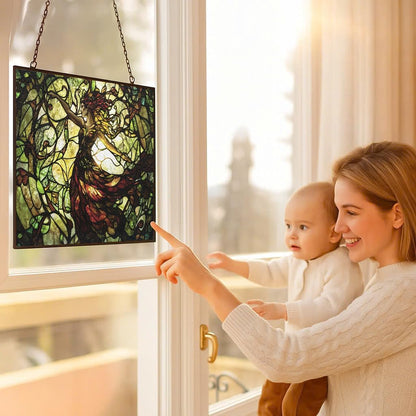 Customized Rectangle Art Nouveau Vine Dryad Stained Glass Suncatcher Window Hangings, Suncatchers