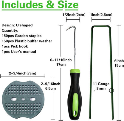 Bakulyor 150pcs Green Artificial Turf Stakes Staples + 150pcs Buffer Washer, 6 Inch 11 Gauge