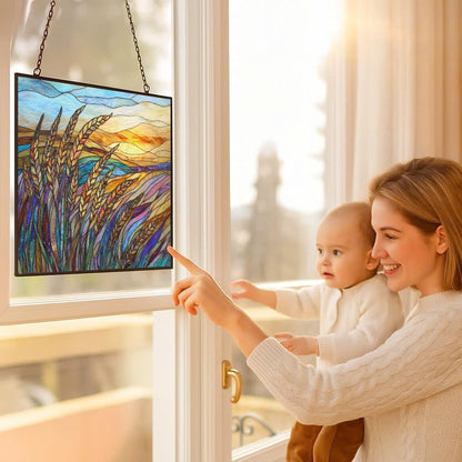 Personalized Rectangle Art Nouveau Swaying Wheat Field Stained Glass Window Hanging, Stained Glass