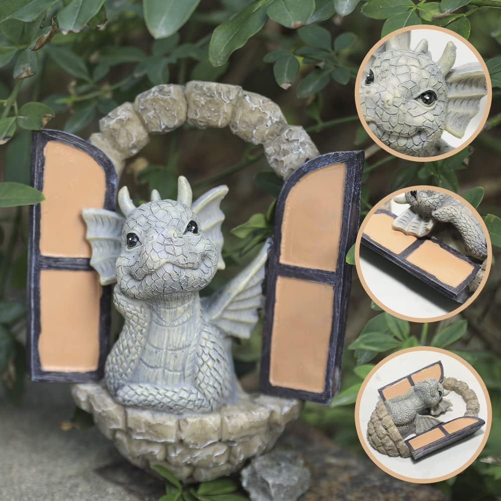 Dragon Garden Ornament Resin Craft Ornament Statue Fairy Door Yard Art Outdoor and Garden Solar