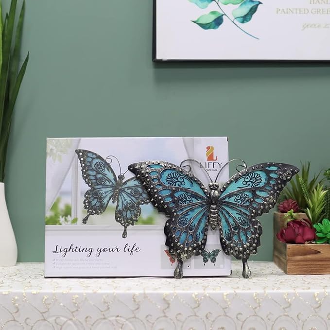 LIFFY Metal Butterfly Wall Decor Glass Outdoor Wall Art Sculptures 12" Hanging Garden Decorations