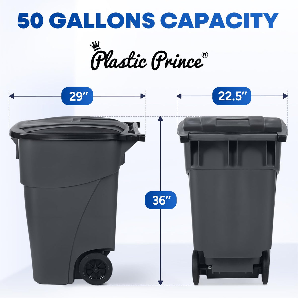 50 Gallon Trash Can, Gray Outdoor Garbage Can, Large Outside Trash Bin, Rolling Commercial