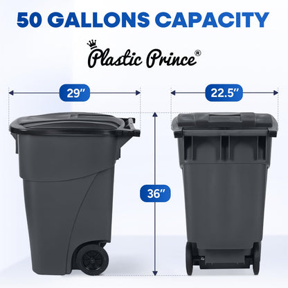 50 Gallon Trash Can, Gray Outdoor Garbage Can, Large Outside Trash Bin, Rolling Commercial