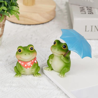 Frog Figurine with Umbrella, Decorative Outdoor Statue Set of 2,Collection Miniature Fairy Garden