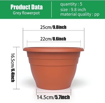 Plant Pots Set of 5, 10" Outside Diameter Flower Pots, 8.5" Inner Diameter Plant Planters with