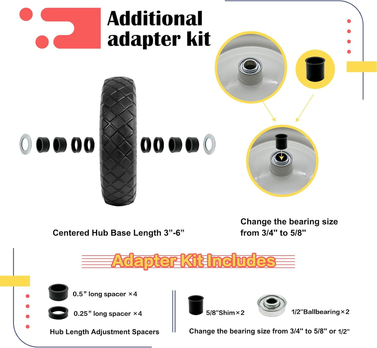 2-Pack 4.80-8 Wheelbarrow Tire and wheel with 3"-6''Centered Hub, 3/4" or 5/8''or 1/2'' Bearings