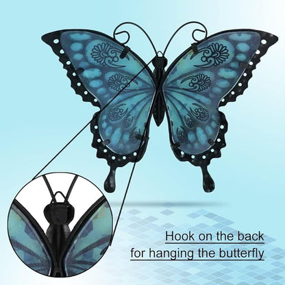 LIFFY Metal Butterfly Wall Decor Glass Outdoor Wall Art Sculptures 12" Hanging Garden Decorations