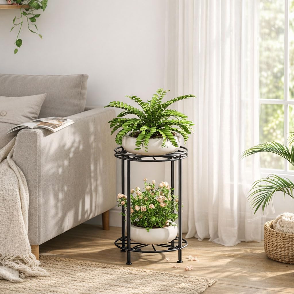 Josmimic Plant Stand 2-Tier 10.2in Width 16.4in Tall Flower Pot Rack Small Plant Table Metal For