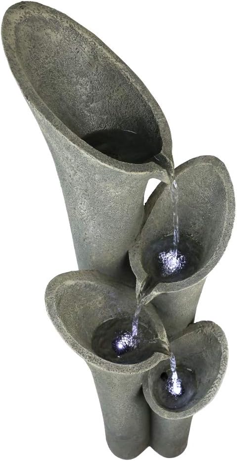 4-Tier Faux Stone LED Floor Fountain, 33.5 Inch Waterfall Outdoor Fountain LED Illuminated Water