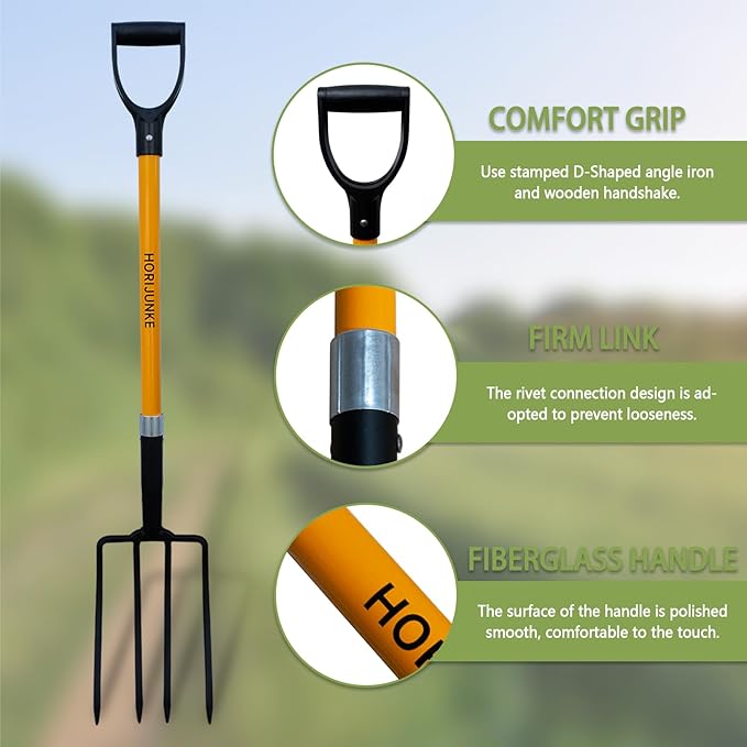 Garden Fork, 4-Tines Pitchforks,45-Inch Pitchfork for Gardening,Fiberglass Digging Fork Pole