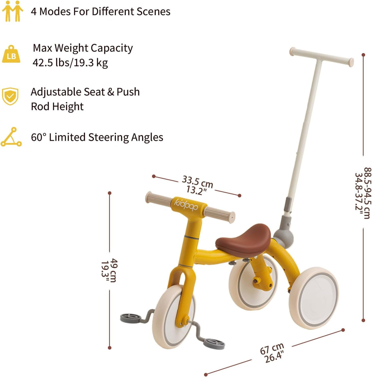 4-in-1 Toddler Tricycle with Adjustable Push Handle for 1-4 Year Old,Birthday Gift and Toy for Boys