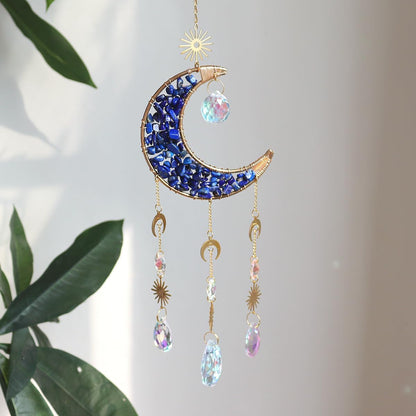 Moon Suncatcher Hanging Decor, Boho Chic Lapis Lazuli Crystal Sun Catcher, Spritual Sun Light