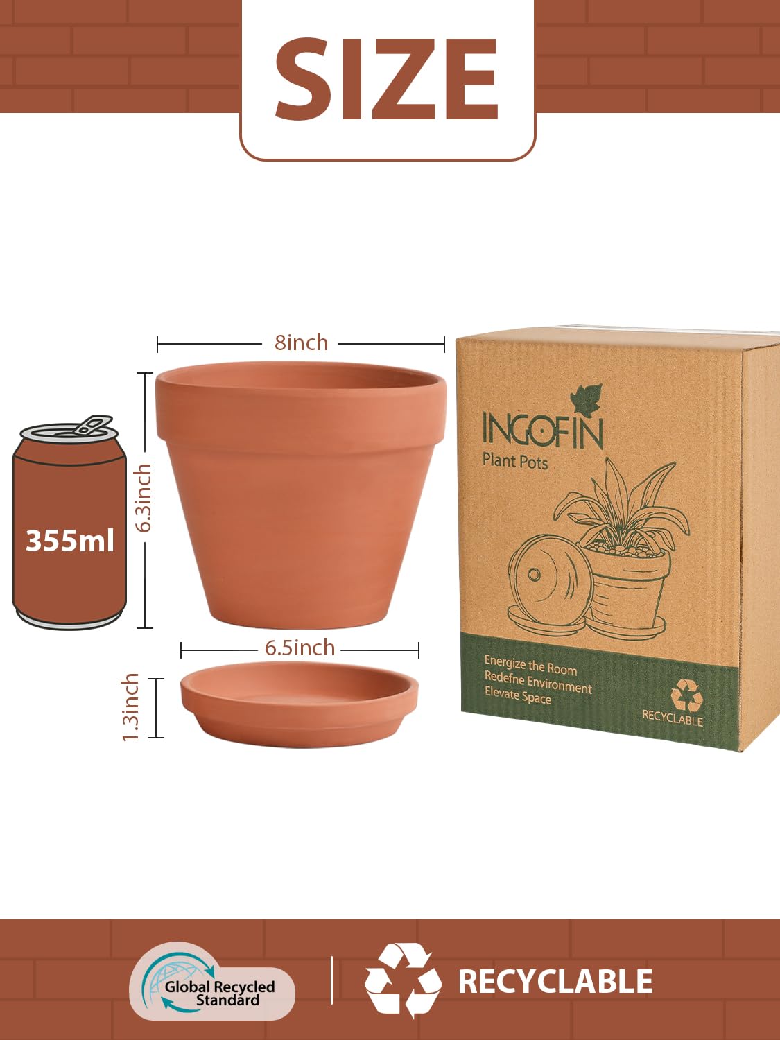 INGOFIN Terracotta Pots Set with Saucer - 2-Pack Ceramic Clay Planters with Drainage Hole, Garden