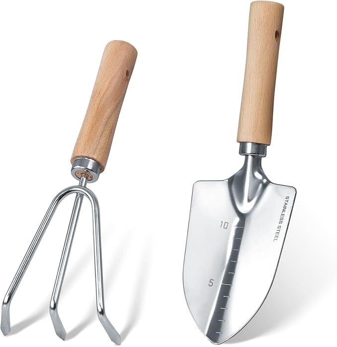Garden Tool Set, 2 Pieces Stainless Steel Heavy Duty Garden Tools, Gardening Kit with Wooden Handle