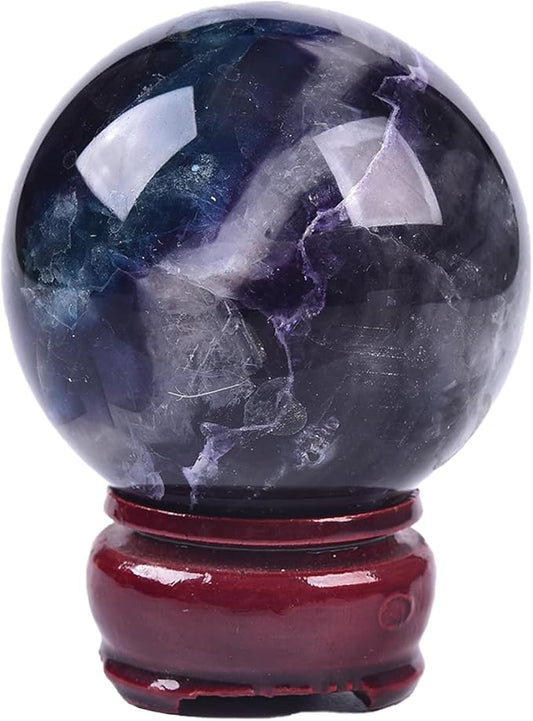 JIC Gem Natural Colorful Fluorite Crystal Sphere Decorative Ball with Wooden Stand Meditation Balls