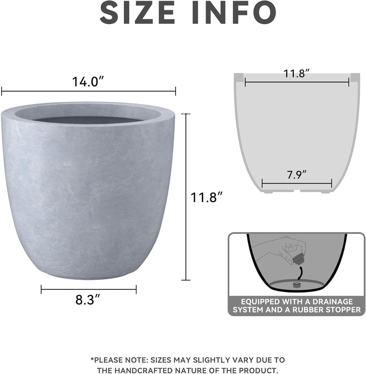 Kante 14 Inch Dia Round Concrete Planter, Indoor Outdoor Large Plant Pot with Drainage Hole and