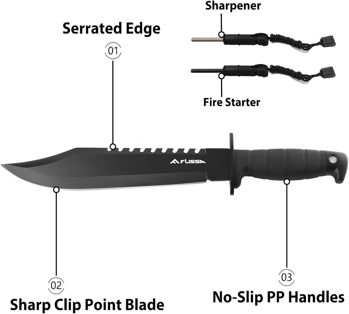 FLISSA Survival Hunting Knife with Sheath, 15-inch Full Tang Fixed Blade Tactical Bowie Knife with