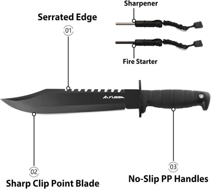 FLISSA Survival Hunting Knife with Sheath, 15-inch Full Tang Fixed Blade Tactical Bowie Knife with