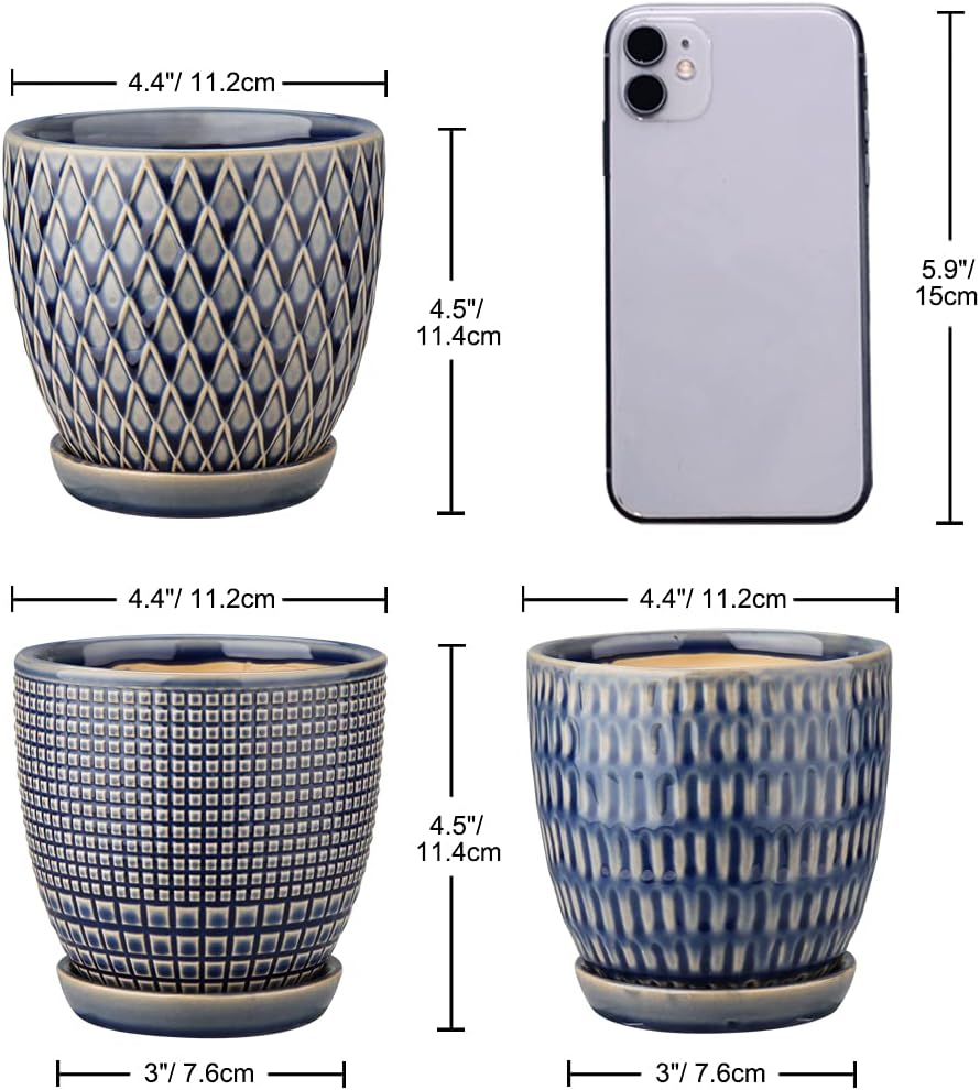 Oairse 4 inches Ceramic Planter Pots 3 Set of Small Round Flower Pots with Drainage Hole and