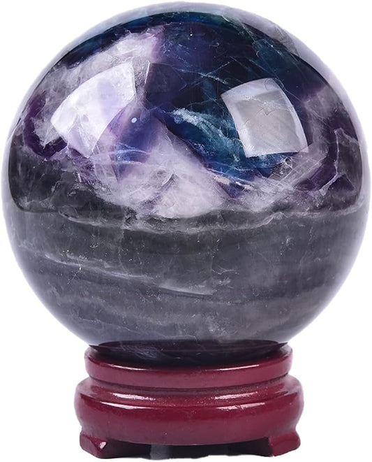 JIC Gem Natural Colorful Fluorite Crystal Sphere with Wooden Stand,Decorative Crystal Ball Fluorite