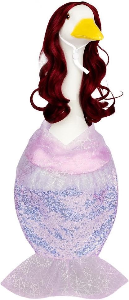Mermaid Porch Goose Outfits with Red Wigs Colorful Mermaid Goose Costume for 23" Cute Porch Geese