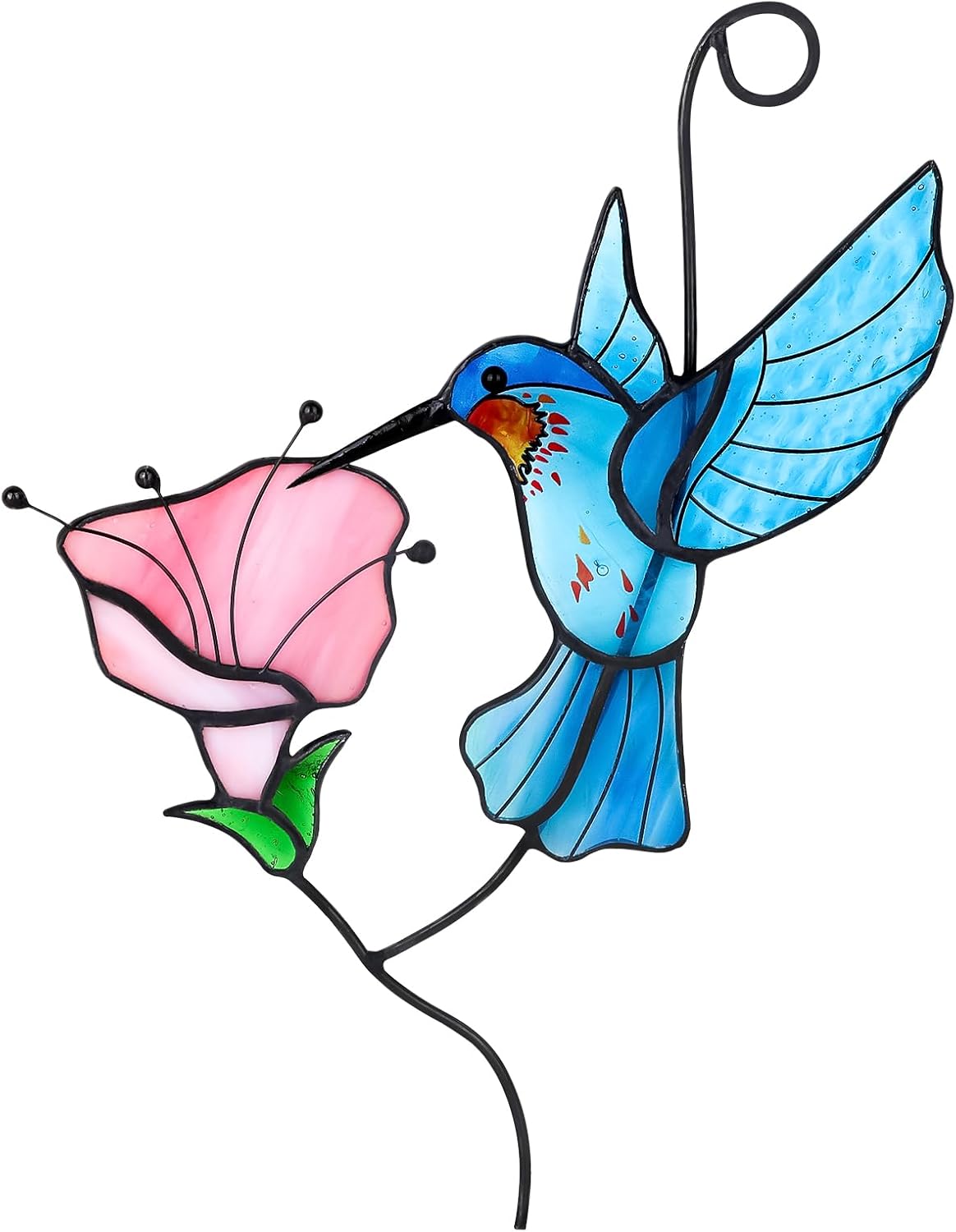 Handmade Stained Glass Hummingbird Suncatcher, Blue Bird with Pink Flower Window Hanging Decor, Art