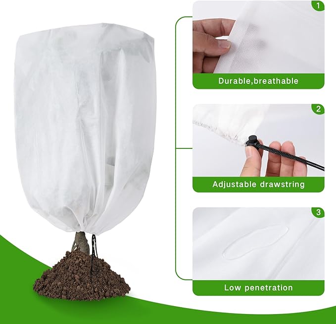 2-Pack Plant Covers Freeze Protection 48" x 72" 2.2 oz, Frost Cloth Plants Jacket Drawstring Tree