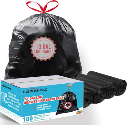 13 Gallon Trash Bags Drawstring, 100 Count Bulk, Black & Unscented Garbage Bags, Multi-purpose Tall