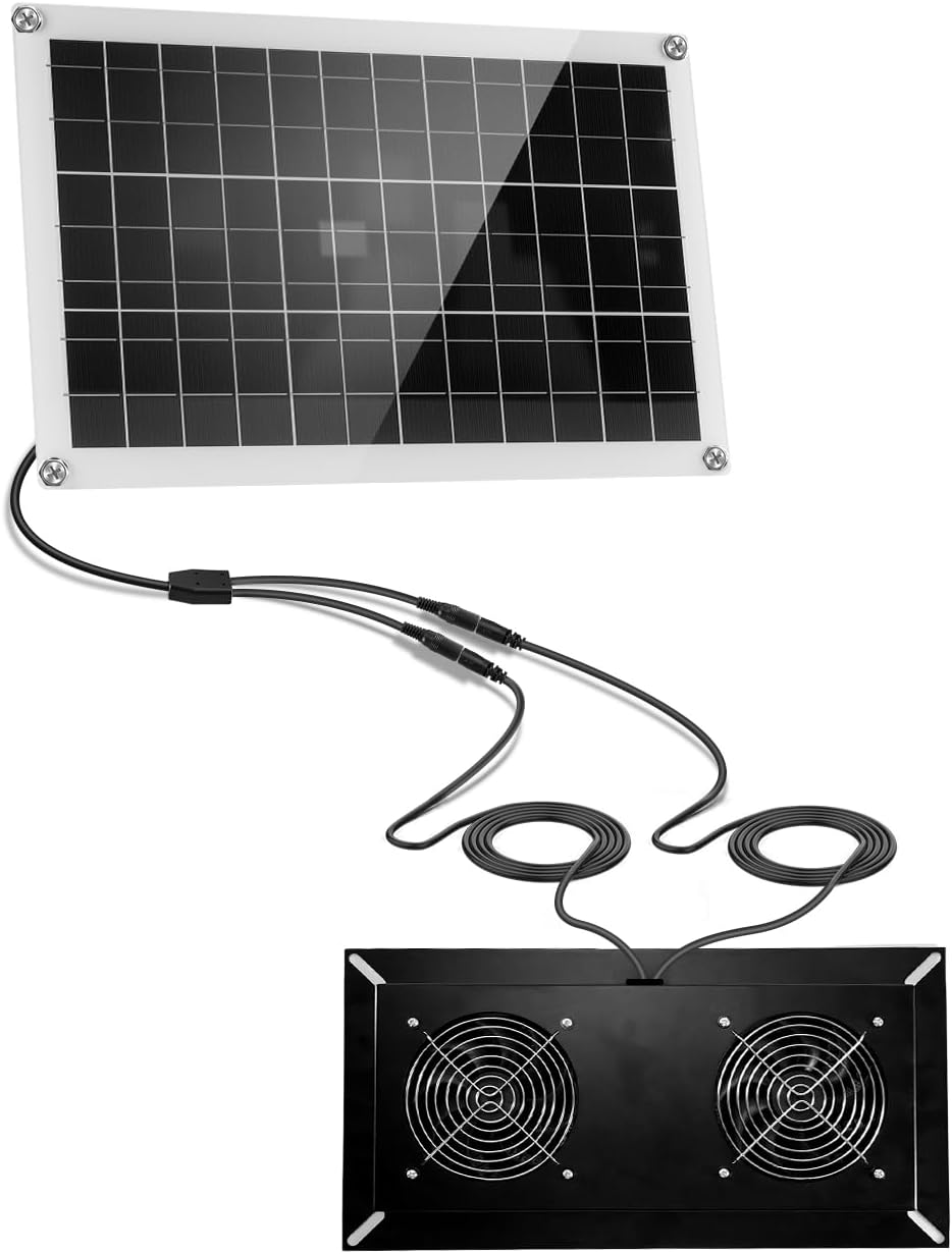 20W Solar Powered Vent Fan with Monocrystalline Panel, Dual Blades Solar Ventilation Fan with Metal