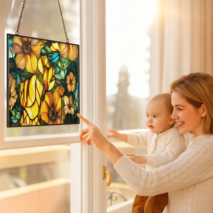 Rectangle Sun Lotus Stained Glass Suncatcher Window Hangings, Suncatchers Colorful Glass Panel Sun