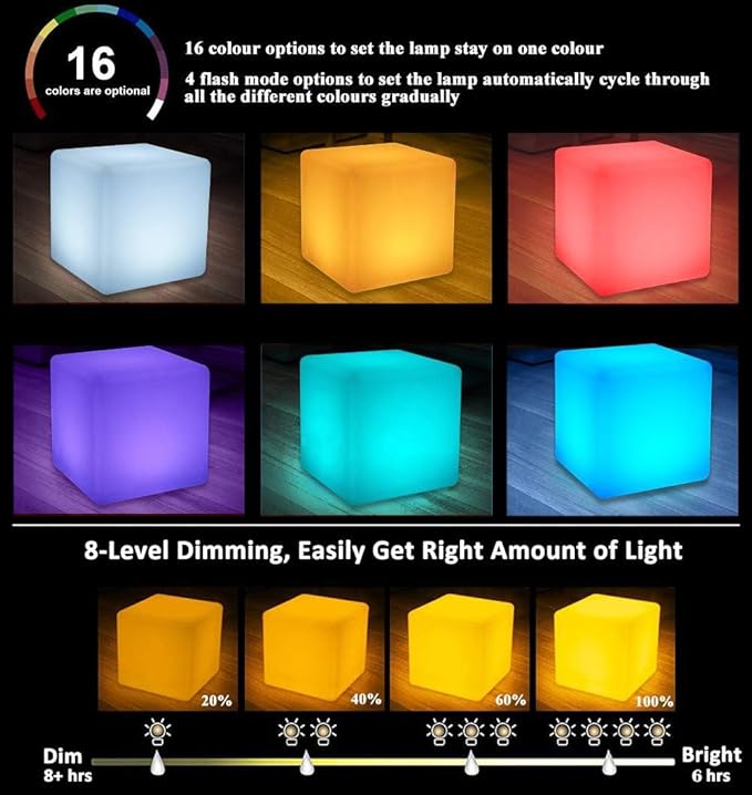 8-in Solar Cube Light Outdoor Waterproof, 16 Colors Illuminate Cube Floor Lamp, Dimmable Glowing