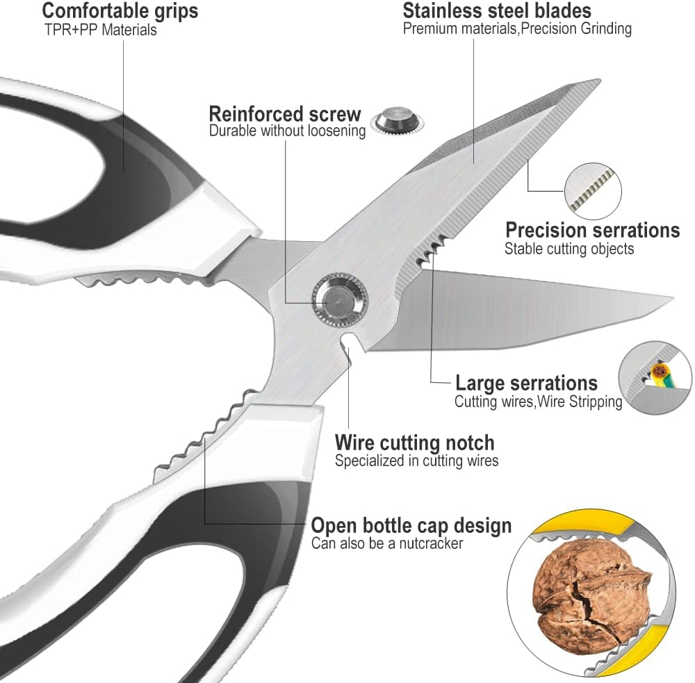 Heavy Duty 8'' Multipurpose Scissors with Protective Cover, Stainless Steel Serrated Blades, Easy