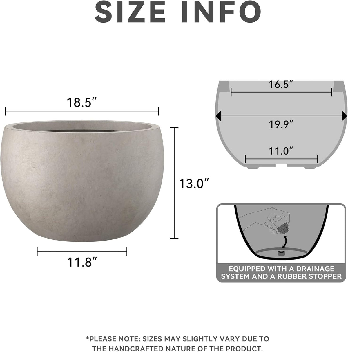 Kante 19.9" Dia Round Concrete Planter, Outdoor/Indoor Large Bowl Plant Pots with Drainage Hole and