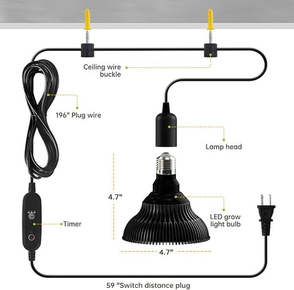 Hanging Grow Lights for Indoor Plants, 25W 5000K, LED Hanging Grow Light with Timer, Height