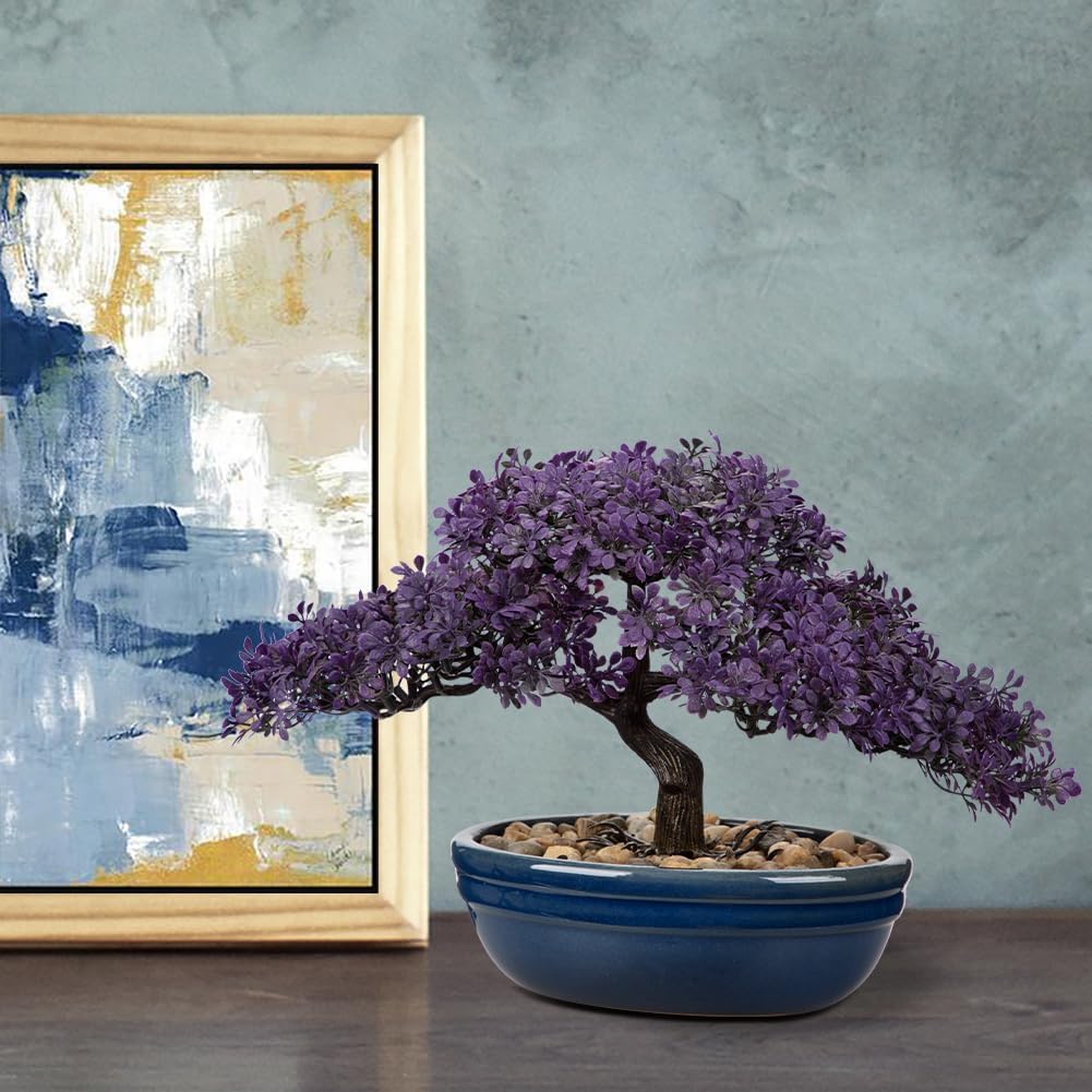Artificial Bonsai Tree Juniper Faux Plants Indoor Fake Plants Decor with Blue Ceramic Pots for Home