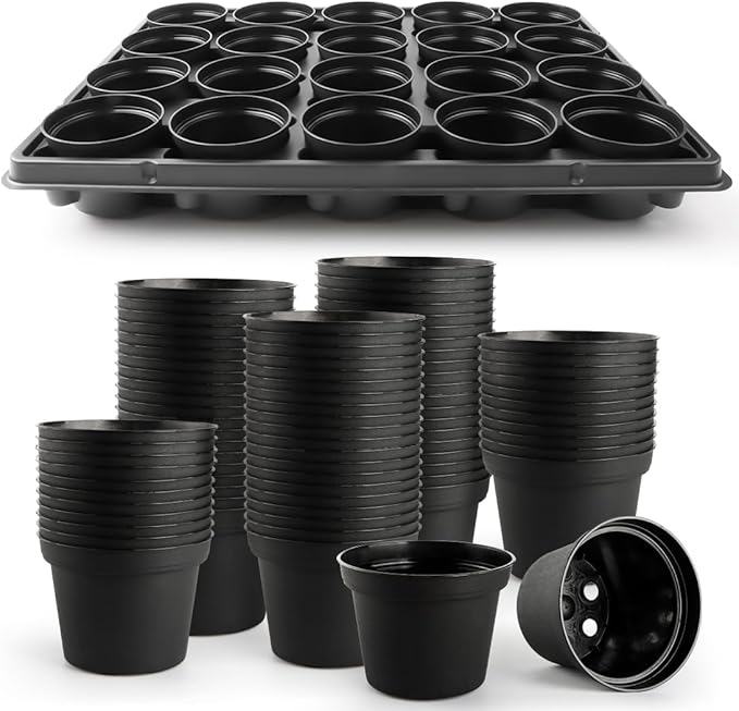 3 Inch Plastic Plant Pots 100 Pcs with 5 Pcs 20 Cell Seed Starter Trays, Thick Black Small Nursery