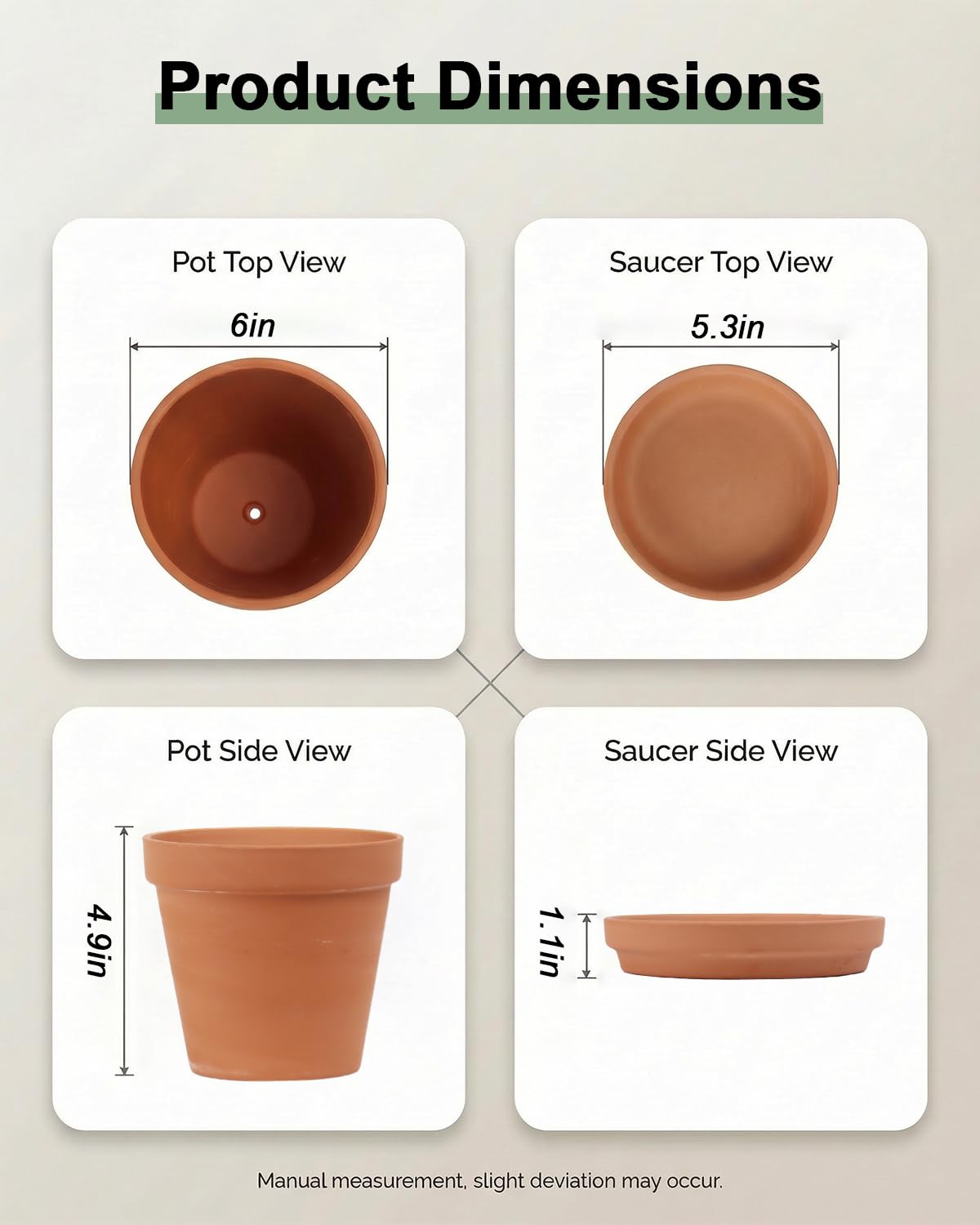 Riseuvo 6 Inch Terracotta Pots with Saucers – 4 Pack Medium Clay Flower Pots with Drainage