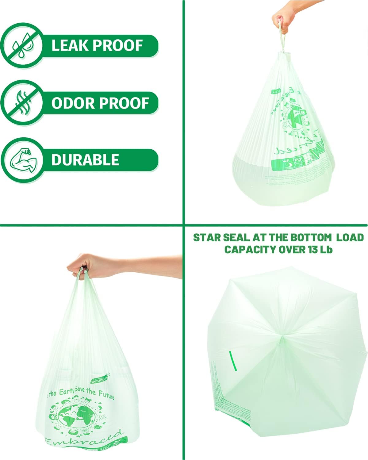 100% Compostable Trash Bags, 3 Gallon Compost Bags Small Kitchen Trash Bags with Handle, 100 Count