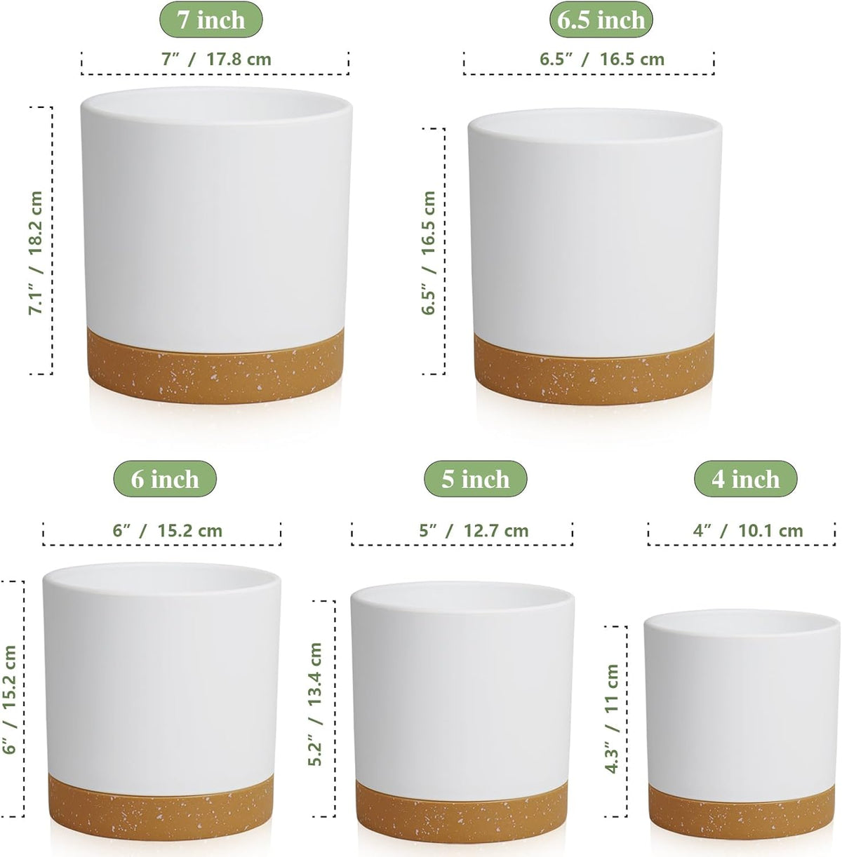 5 Pack Cylindrical Flower Pots with 7/6.5/6/5/4 inch, Modern Small Plastic Plant Pots with Drainage