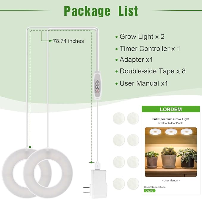 LORDEM Ceiling Grow Light for Indoor Plants, 96 LEDs Full Spectrum LED Plant Light, 5V Plant Lamp