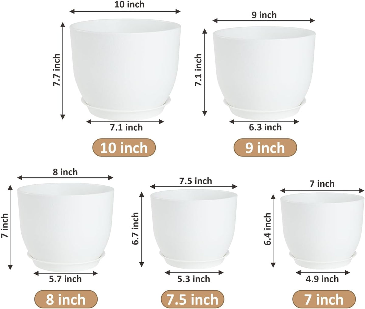 Plant Pots 10/9/8/7.5/7 inch Flower Pots with Multi Mesh Drainage Holes, Planters for Indoor