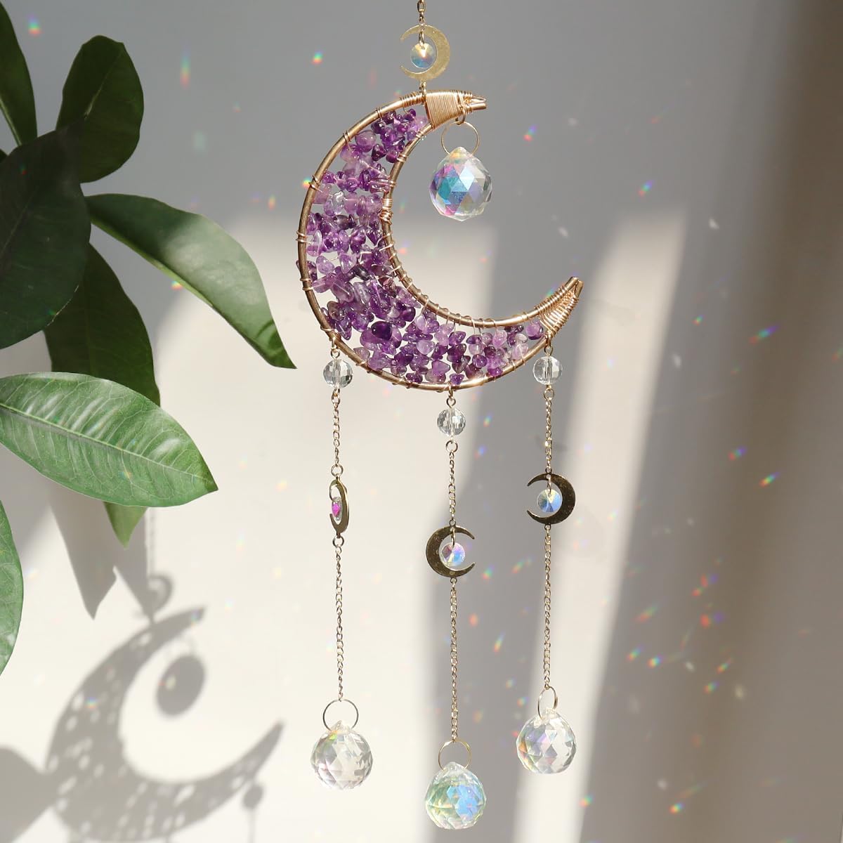 Moon Suncatcher Hanging Decor, Boho Chic Amethyst Crystal Sun Catcher, Spritual Sun Light Catcher